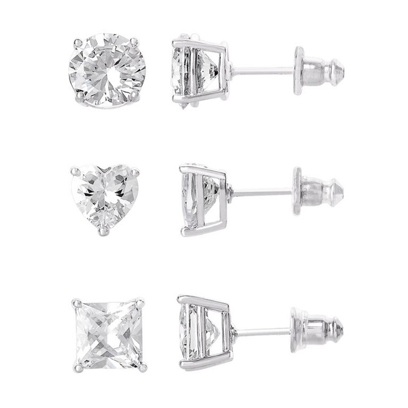 NWT FINE SILVER PLATED CUBIC ZIRCONIA HEART, ROUND, SQUARE EARRING SET - Picture 5 of 6